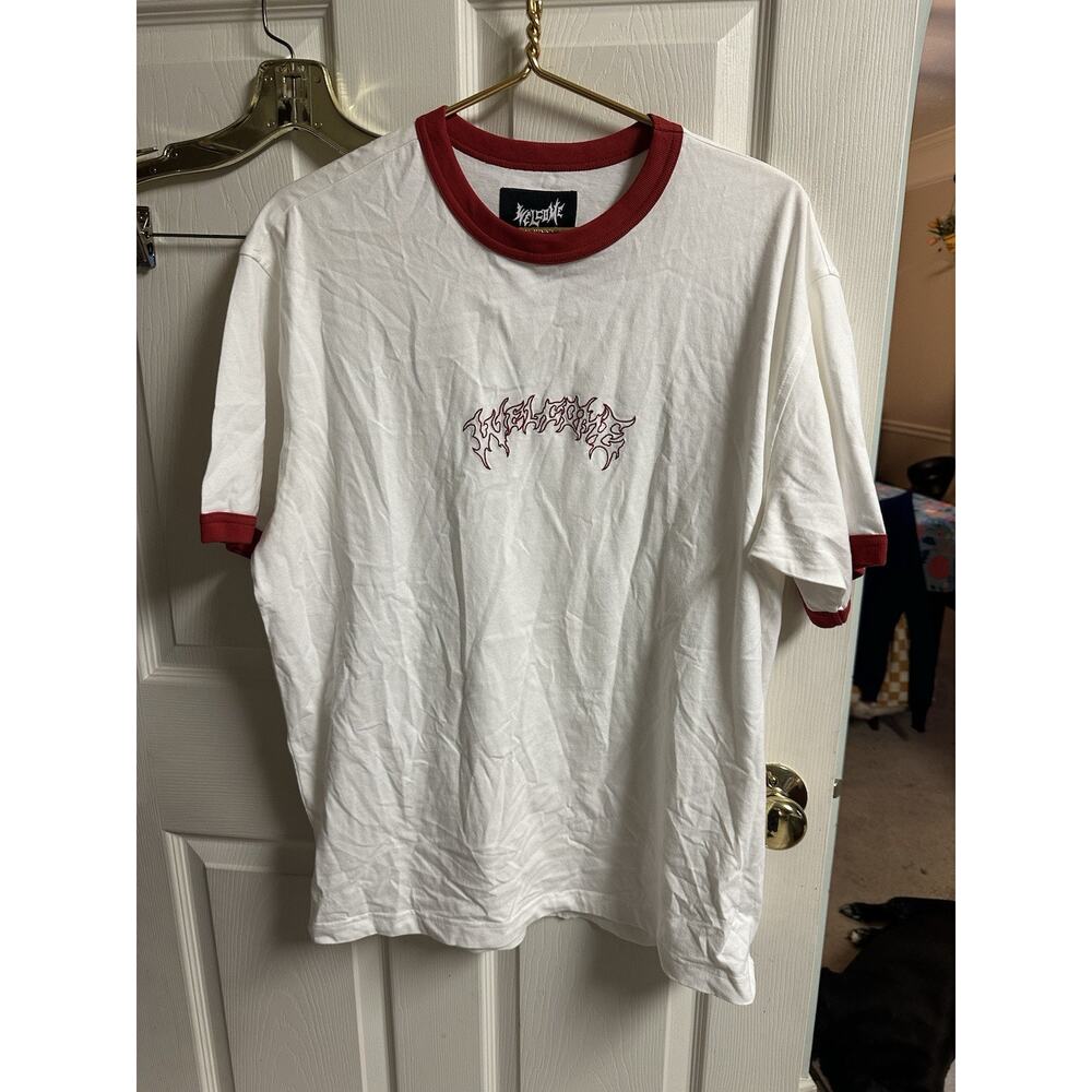 Welcome Skateboards Shirt Barb Ringer White/Red Large Skater Distressed 48w